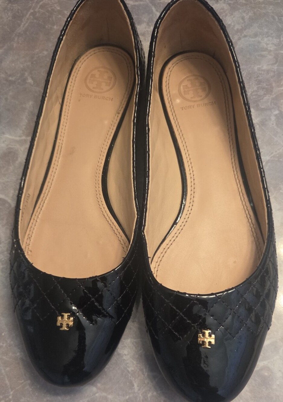 Tory Burch Black Quilted Patent Leather Ballet Flats - Picture 1 of 6